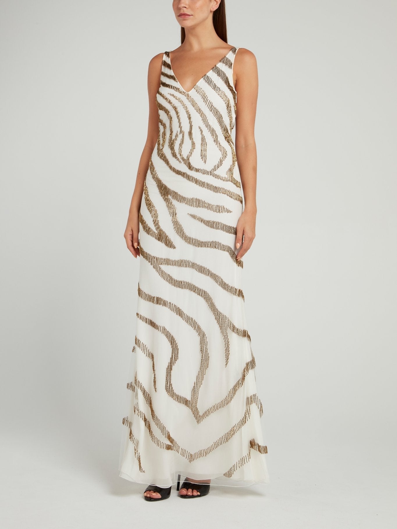 Beige Beadwork Zebra Effect Maxi Dress