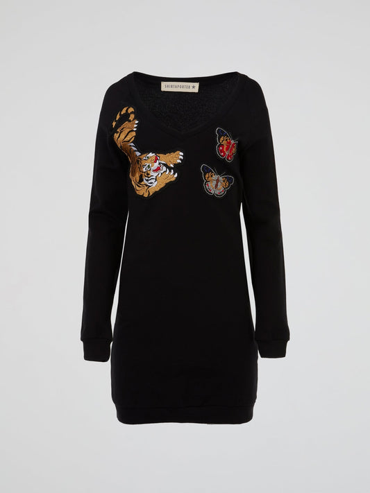Black Embroidered Tiger With Butterflies Mini Dress