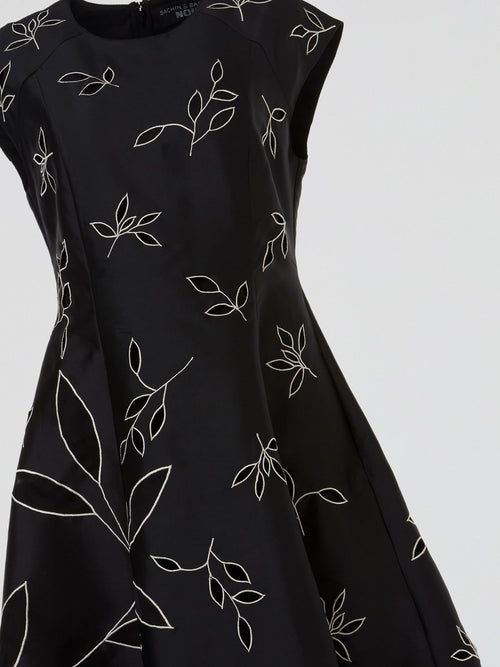 Black Botanical Embroidered Flare Midi