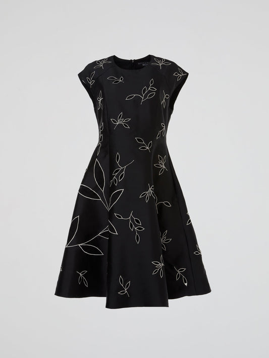 Black Botanical Embroidered Flare Midi