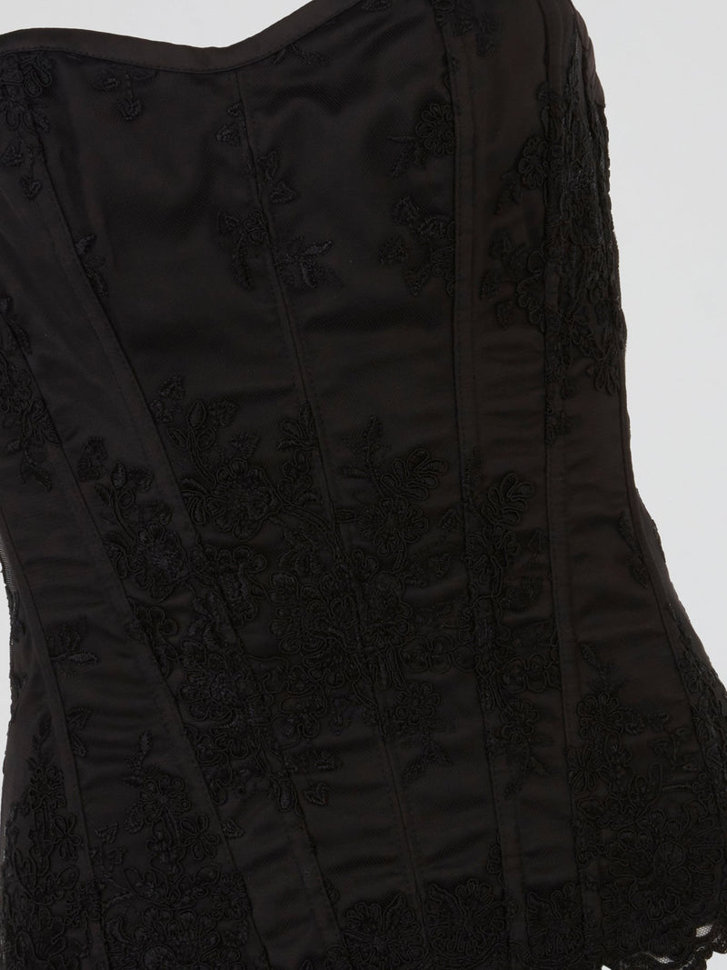 Black Embroidered Satin Corset Top