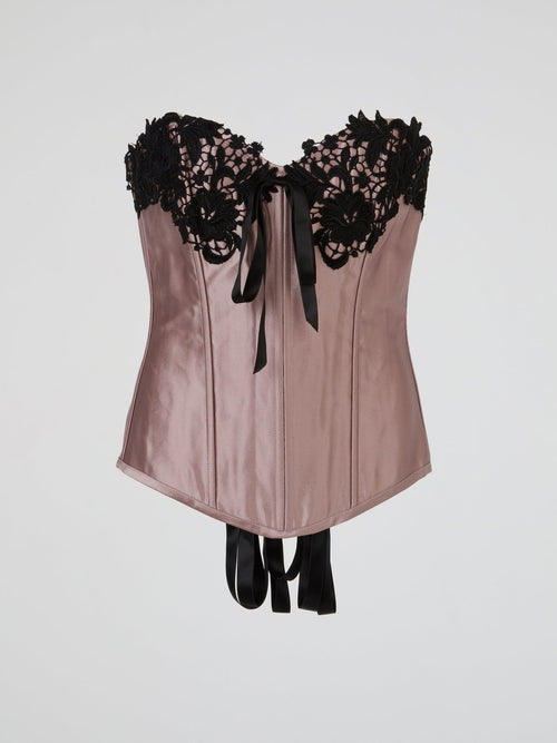 Pink Satin Black Lace-Up Corset Top