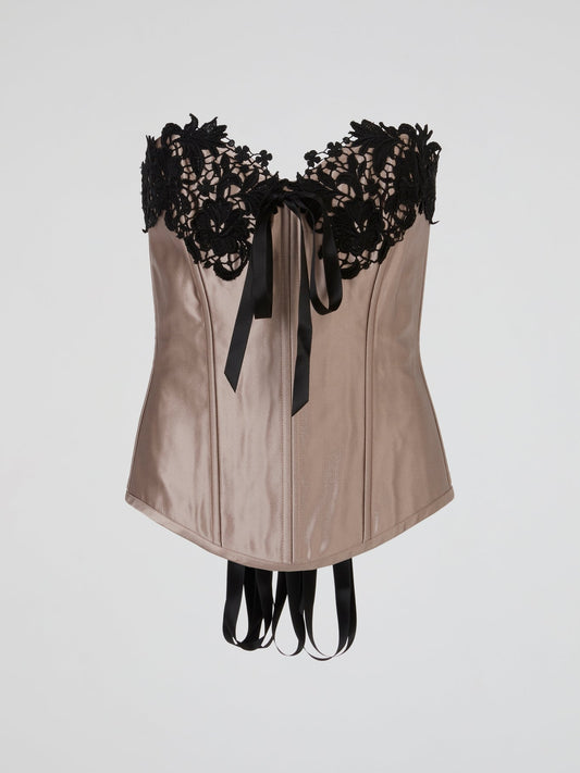 Beige Satin Black Lace-Up Corset Top