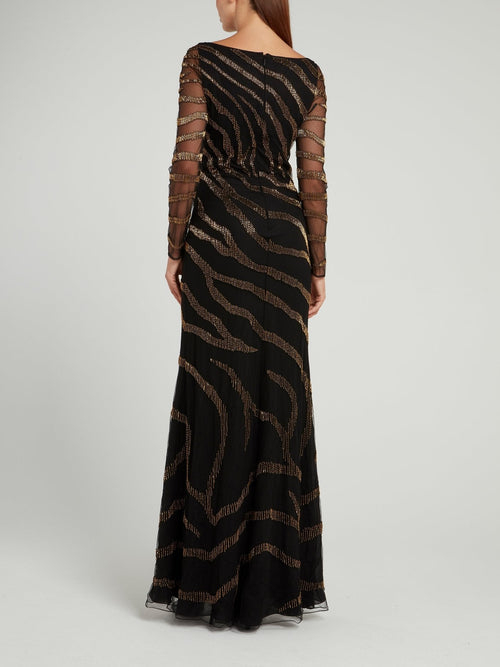 Black Beadwork Bateau Maxi Dress