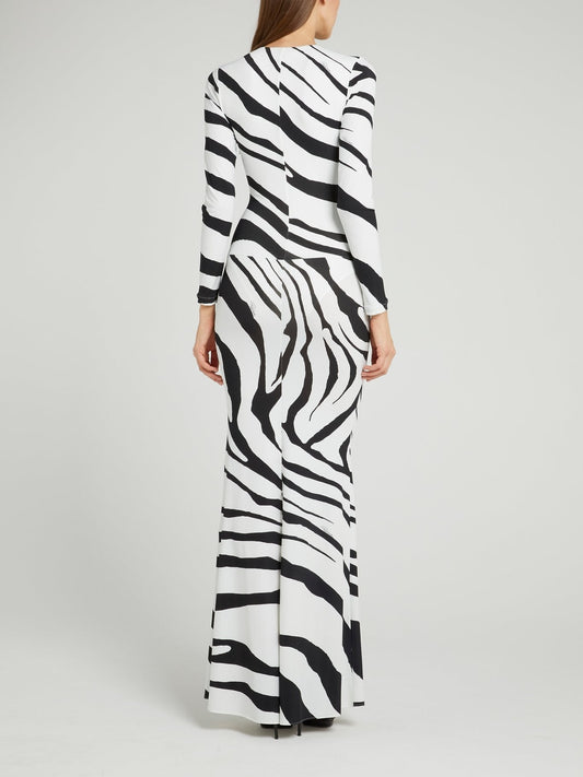 White Animal Print Plunge Maxi Dress