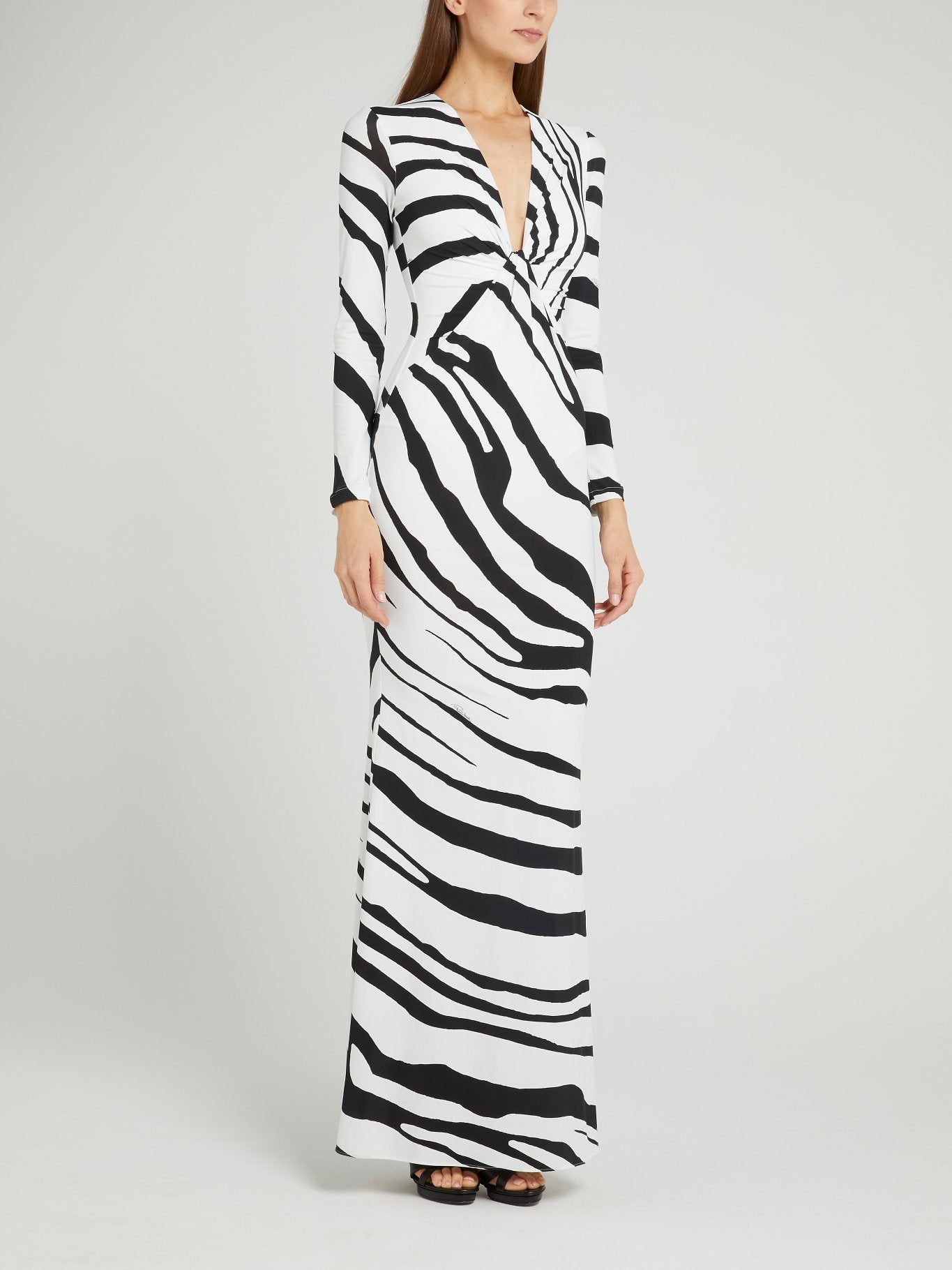 White Animal Print Plunge Maxi Dress