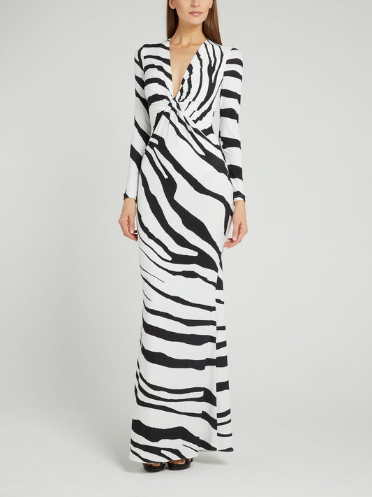 White Animal Print Plunge Maxi Dress