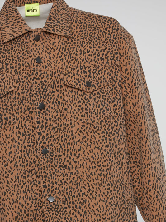 Brown Leopard Print Button Down Denim Jacket