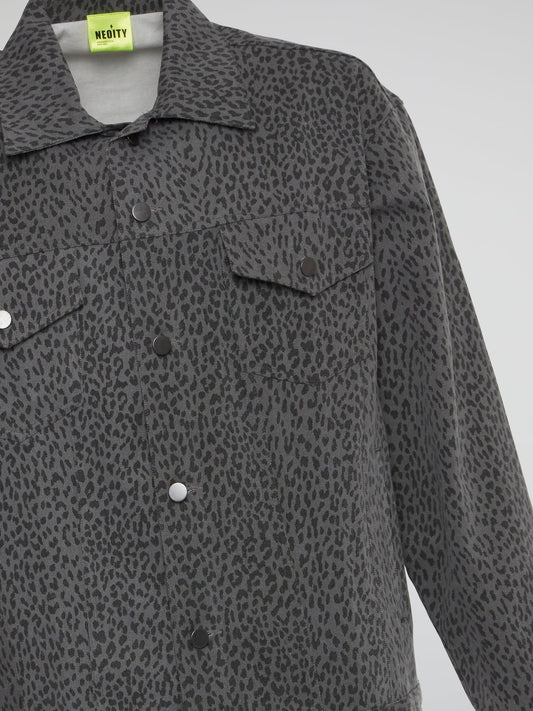 Grey Leopard Print Button Down Denim Jacket