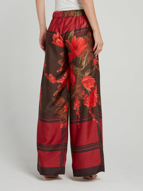 Red Check Floral Wide Leg Pants