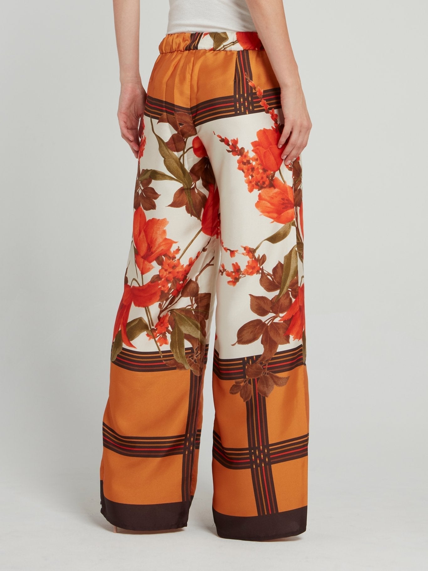 Orange Check Floral Wide Leg Pants