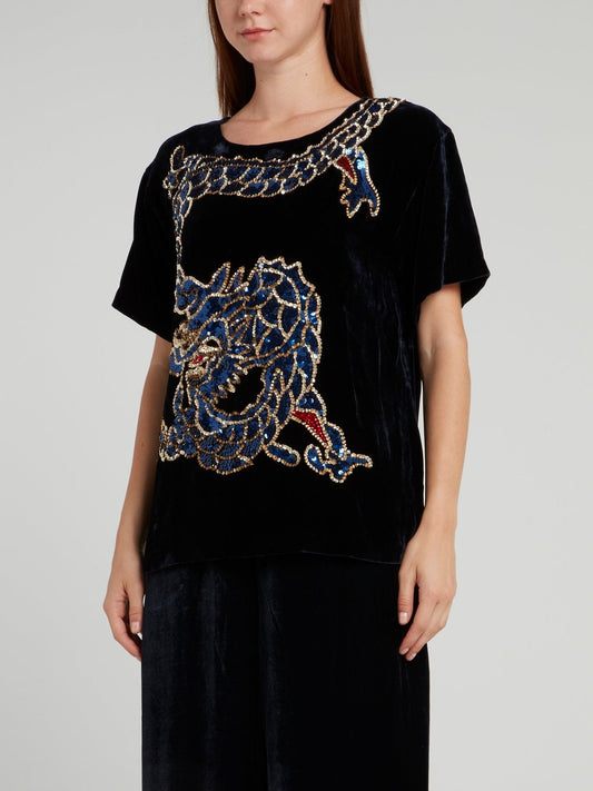 Black Sequin Dragon Velvet Top