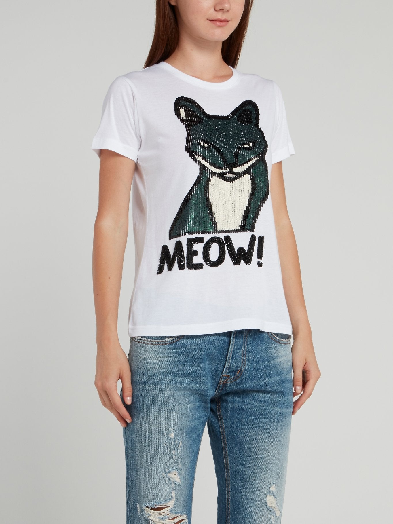 White Sequin Cat T-Shirt