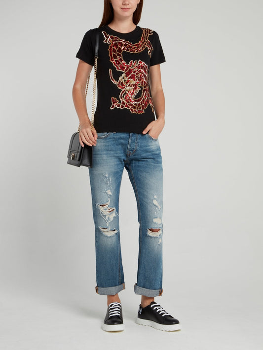 Black Sequin Embellished Dragon T-Shirt