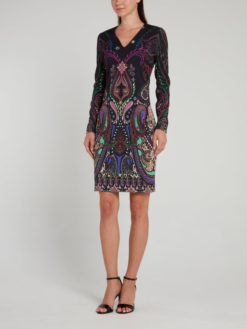 Black Paisley Print V-Neck Mini Dress