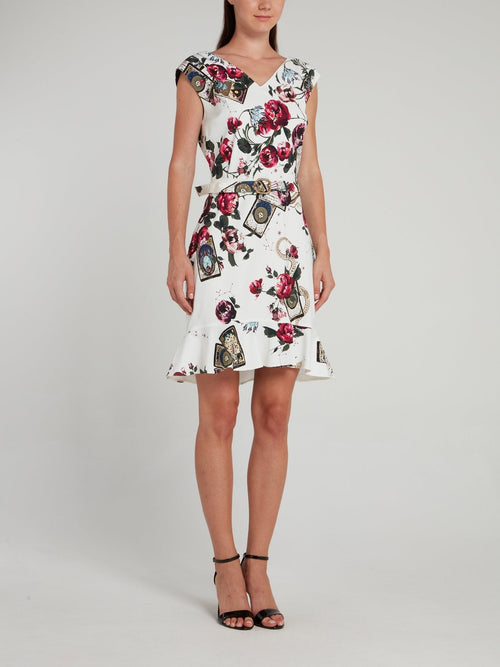 White Floral Print Belted Mini Dress