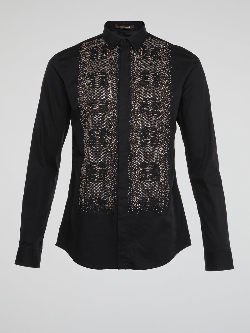 Feel fierce and fashion-forward in the Black Studded Long Sleeve Shirt by Roberto Cavalli. This edgy top is perfect for making a statement with its bold studs and sleek silhouette. Command attention and turn heads wherever you go in this must-have wardrobe staple.