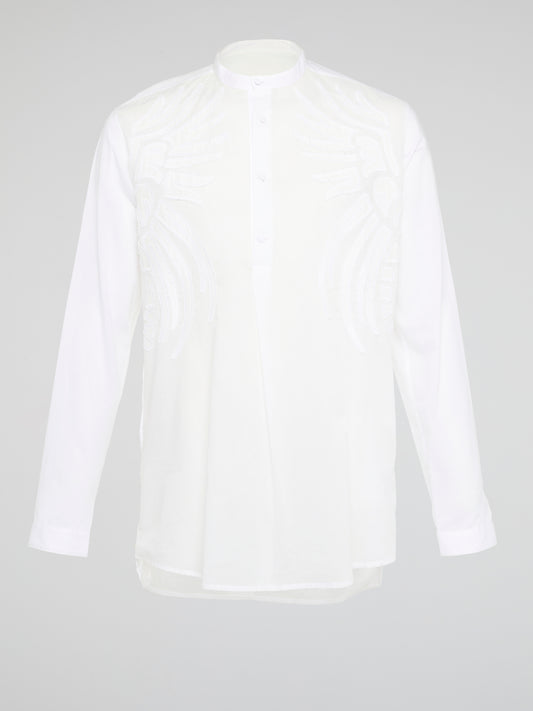 Elevate your style with the White Embroidered Mandarin Collar Shirt from Roberto Cavalli, a versatile piece that combines elegance and sophistication. The intricate embroidery and mandarin collar detail add a touch of luxury, making this shirt a standout addition to your wardrobe. Embrace your individuality and make a statement with this unique and timeless piece that is sure to turn heads wherever you go.