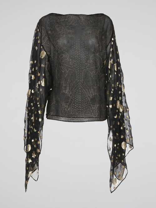 Embrace your inner rockstar with this edgy Black Star Print Chiffon Top from Roberto Cavalli. The bold graphic print and flowy chiffon fabric make this top the perfect statement piece for any occasion. Stand out from the crowd and unleash your fierce style with this must-have addition to your wardrobe.