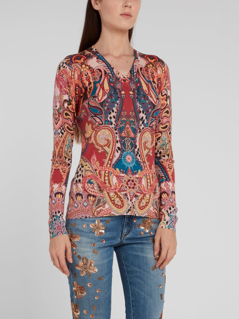 Paisley Print V-Neck Pullover