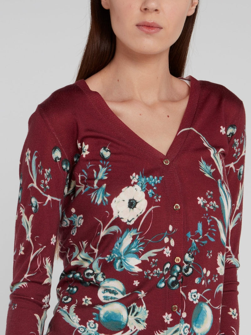 Burgundy Floral V-Neck Cardigan