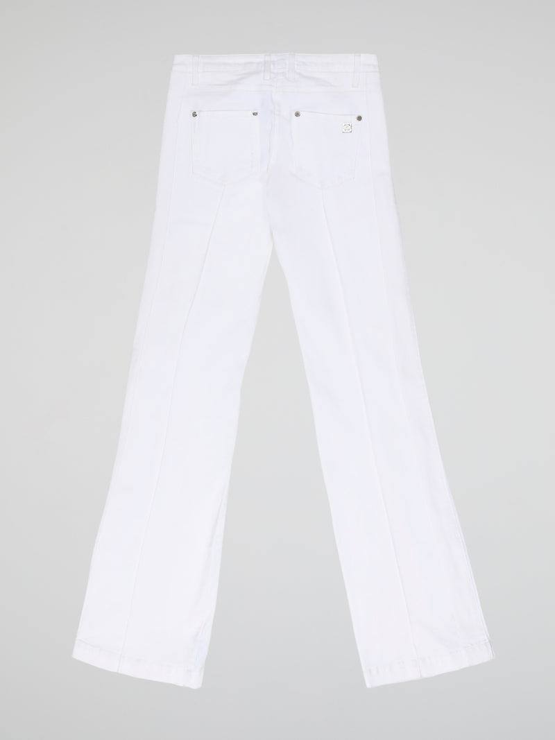 Step into fashion-forward elegance with these White Flared Jeans from renowned designer Roberto Cavalli. Crafted with meticulous attention to detail, these jeans feature a flattering high waistline and a mesmerizing flared silhouette that effortlessly elongates your legs. The pure white hue adds a touch of sophistication, making them the perfect statement piece for any occasion.