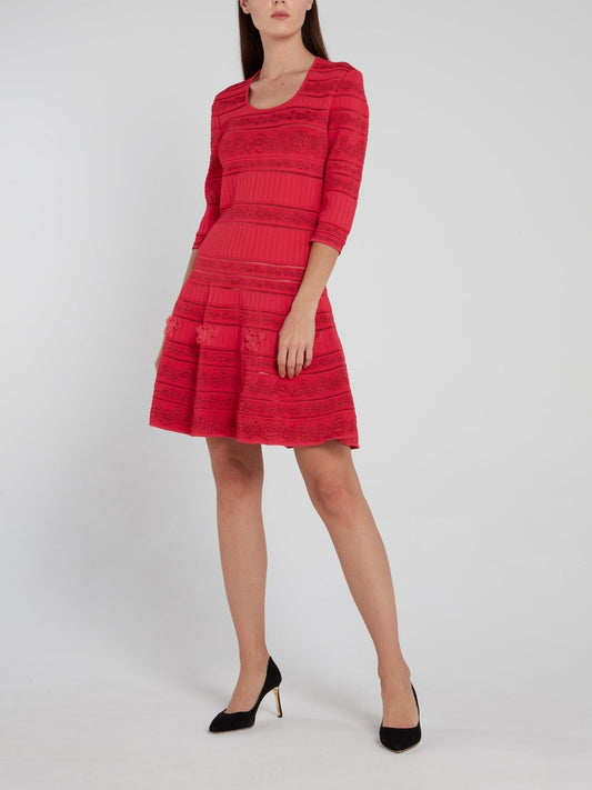 Red Floral Knitted Flared Dress