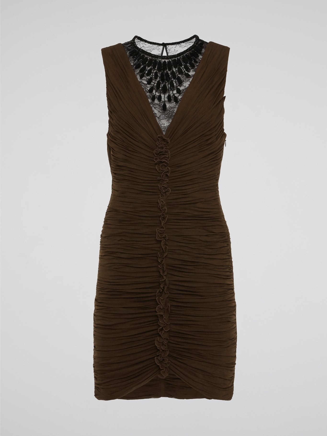 Elevate your evening attire with the sophisticated elegance of the Brown Lace Neckline Ruched Dress by Roberto Cavalli. The intricate lace neckline adds a touch of femininity, while the ruched detailing creates a flattering silhouette. Perfect for any special occasion, this dress exudes luxury and timeless style.