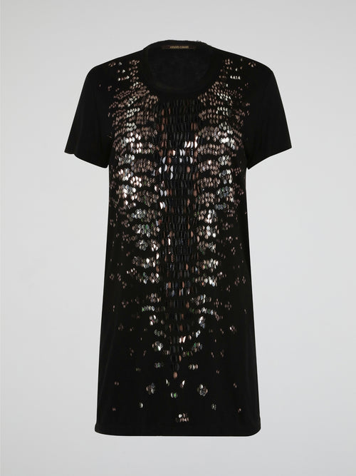 Shimmer and shine in style with the Black Sequin Embroidered T-Shirt Dress from Roberto Cavalli. This versatile piece effortlessly combines casual comfort with high-fashion glamour, making it perfect for any occasion. Stand out from the crowd and turn heads wherever you go in this show-stopping must-have.