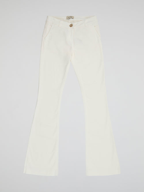 Step into the spotlight with these stunning White Flared trousers from Ki6?who Are You? Made with luxurious and breathable fabric, these trousers will elevate any look with their sleek and sophisticated design. Whether you're dressing up for a night out or keeping it casual during the day, these trousers are a must-have addition to your wardrobe.