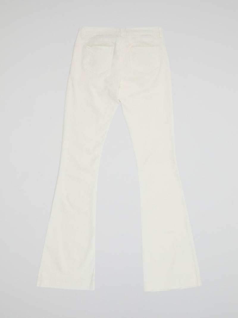 Step into the spotlight with these stunning White Flared trousers from Ki6?who Are You? Made with luxurious and breathable fabric, these trousers will elevate any look with their sleek and sophisticated design. Whether you're dressing up for a night out or keeping it casual during the day, these trousers are a must-have addition to your wardrobe.