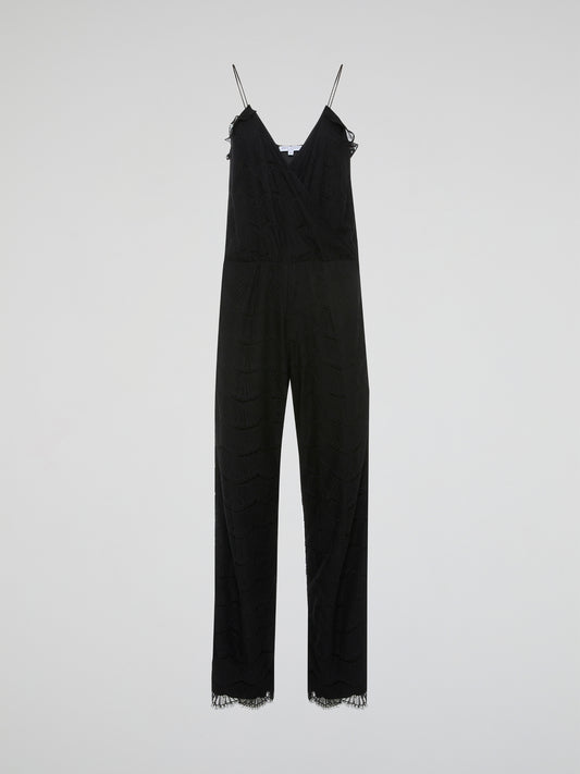 Step out in style and turn heads with our Black Lace Trim Jumpsuit by Joy Cioci. This chic and sophisticated piece features delicate lace detailing that adds a touch of elegance to your look. Whether you're dressing up for a night out or a special occasion, this jumpsuit is sure to make a statement.