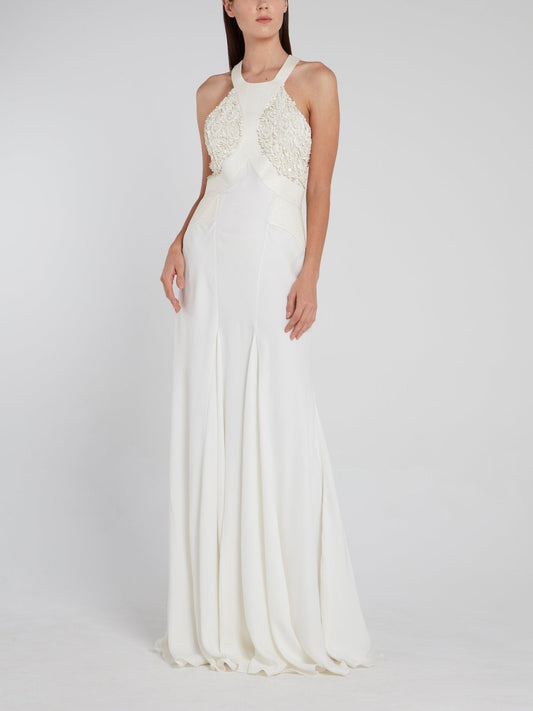 White Multi-Bead Halter Maxi Dress