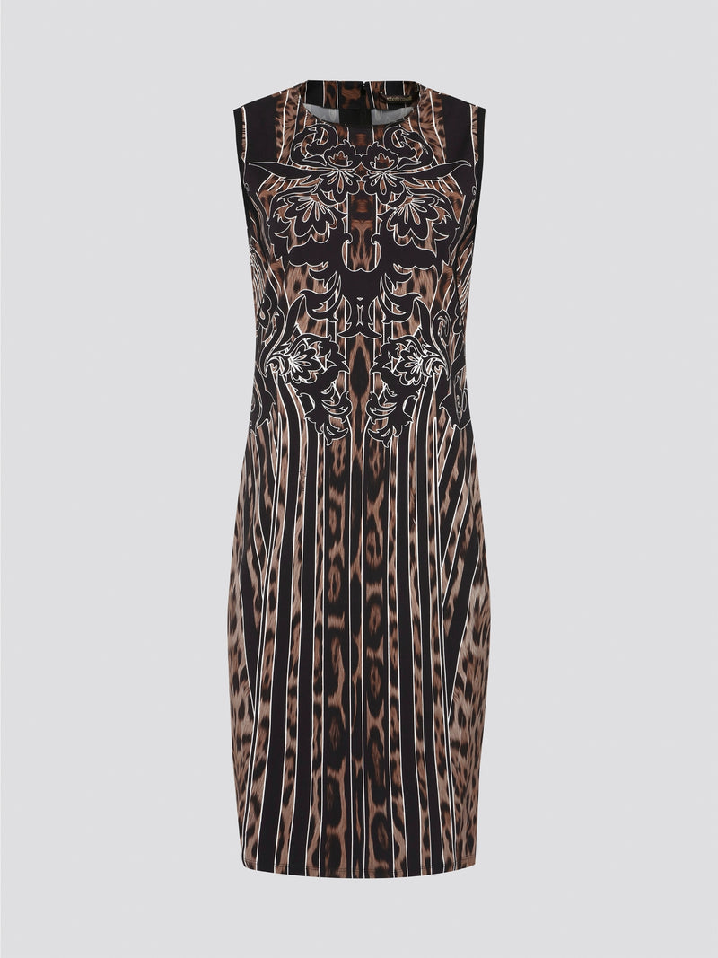 Fade into the wild with the Roberto Cavalli Leopard Print Sheath Dress. This fierce and fabulous statement piece will turn heads wherever you go, exuding confidence and sophistication. Embrace your inner predator and unleash your stylish prowess with this bold and daring dress.