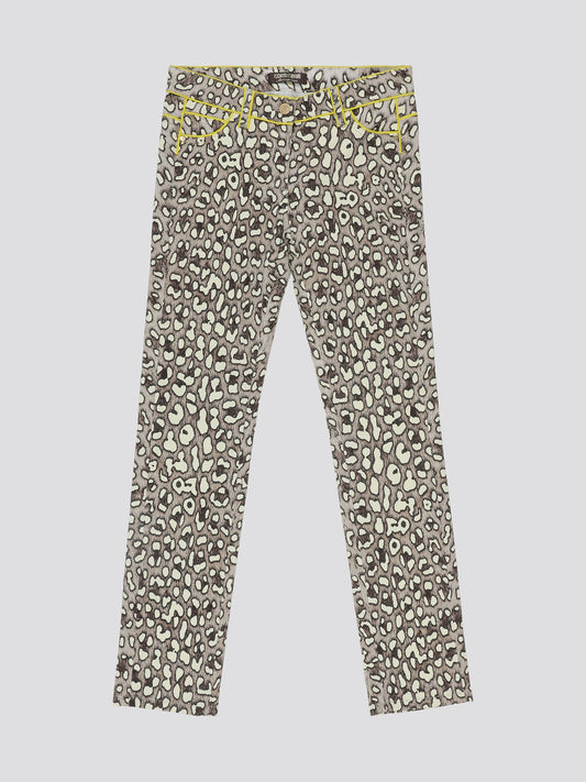 Step into fierce style with these Leopard Print Wide Leg Jeans by Roberto Cavalli. Embrace your wild side with the bold leopard print pattern that is sure to make a statement wherever you go. The wide leg silhouette adds a touch of elegance to these edgy jeans, perfect for a fashion-forward look.