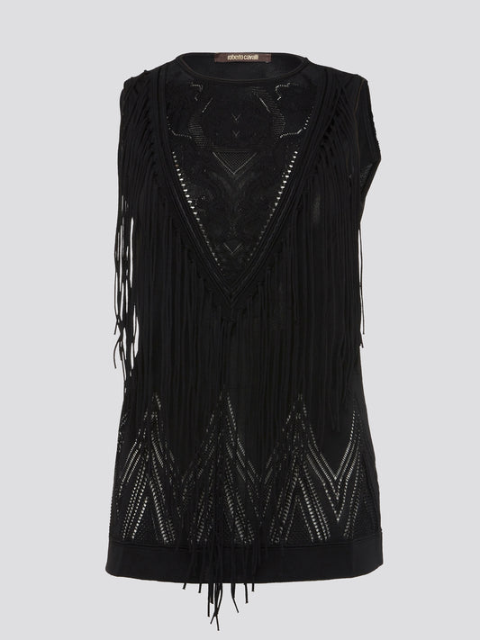 Make a statement with this stunning Black Fringe Detailed Top by Roberto Cavalli. Embellished with intricate fringe detailing, this top exudes luxury and elegance. Whether paired with jeans for a casual look or dressed up with a sleek skirt for a night out, this top is sure to turn heads wherever you go.