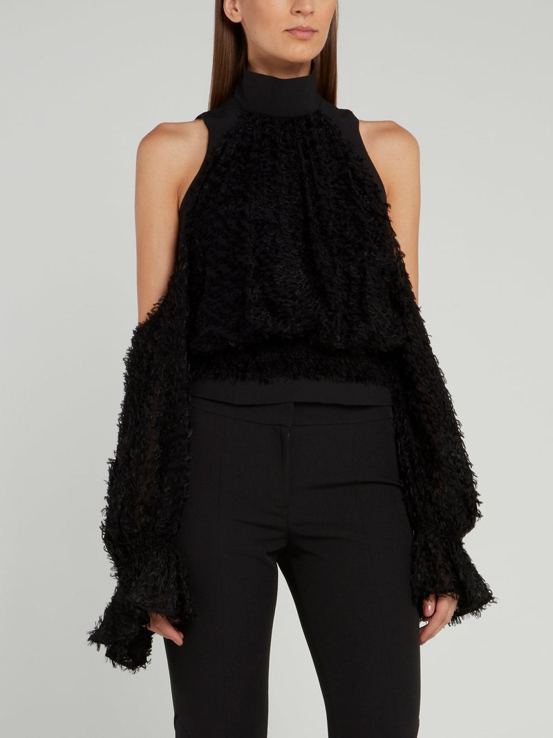 Black Cold Shoulder Fur Top