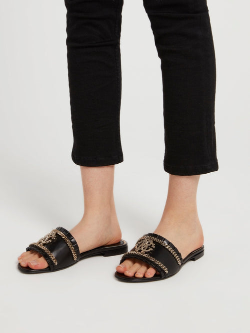 Black Chain Embellished Flat Sandals