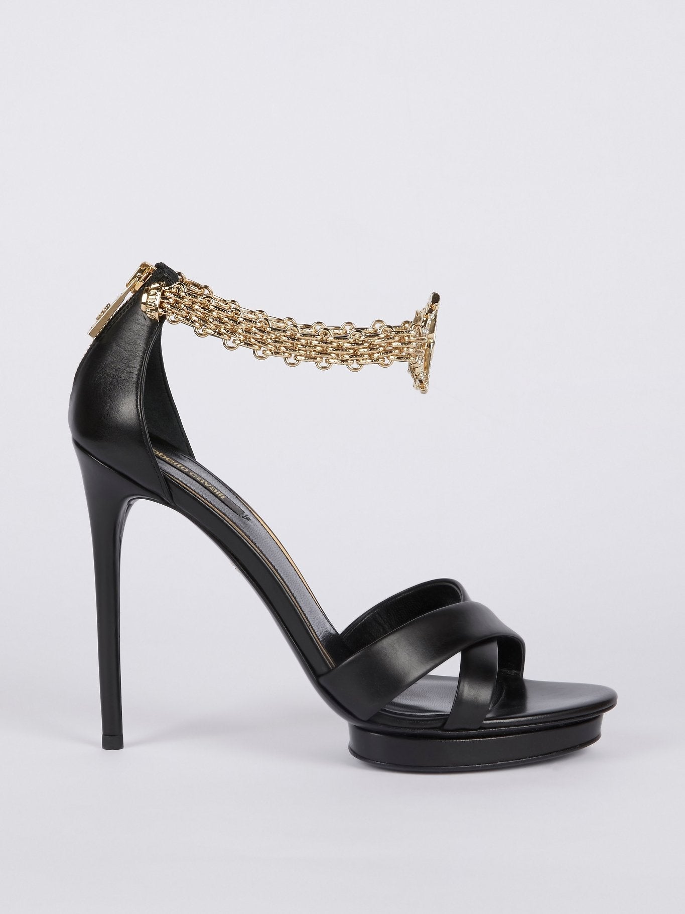 Black Monogram Link Ankle Strap Sandals