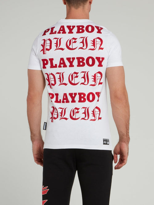 White Playboy Print Round Neck T-Shirt