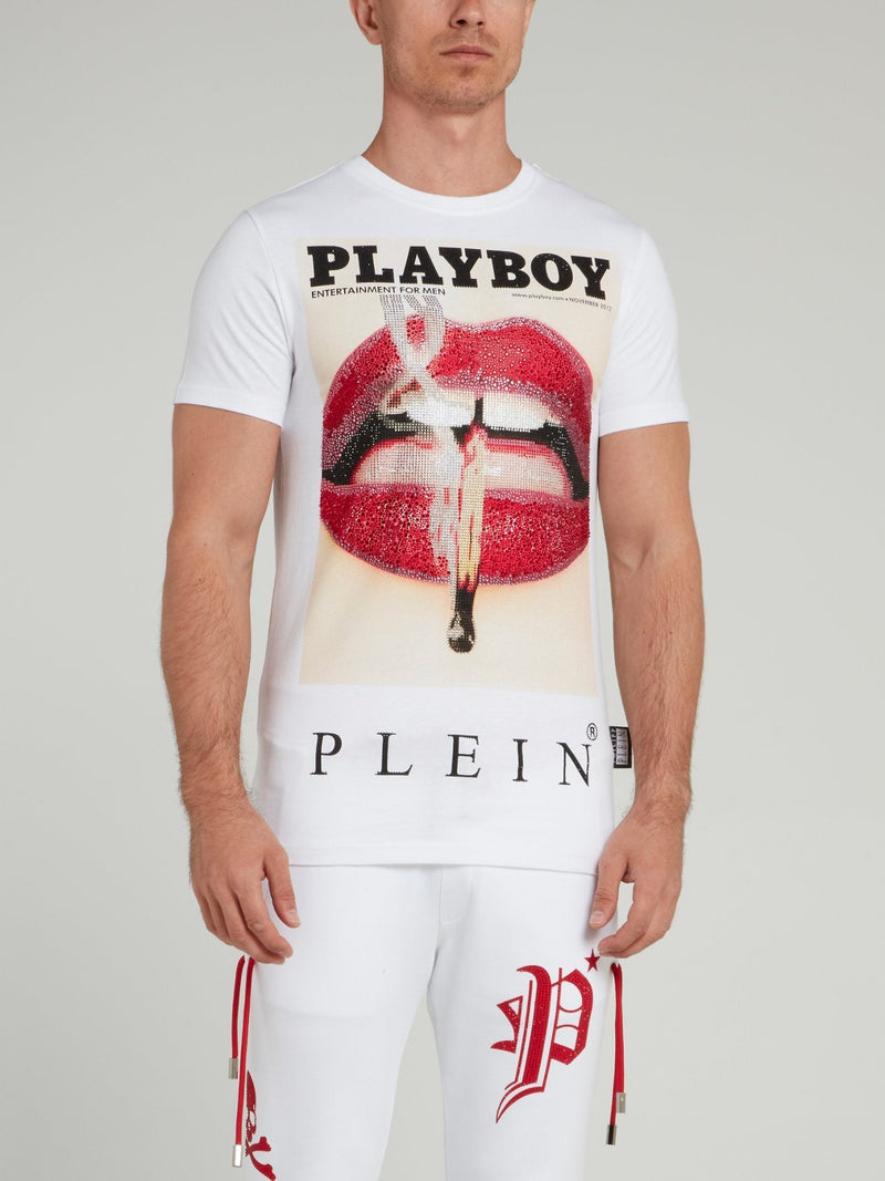 White Playboy Print Round Neck T-Shirt