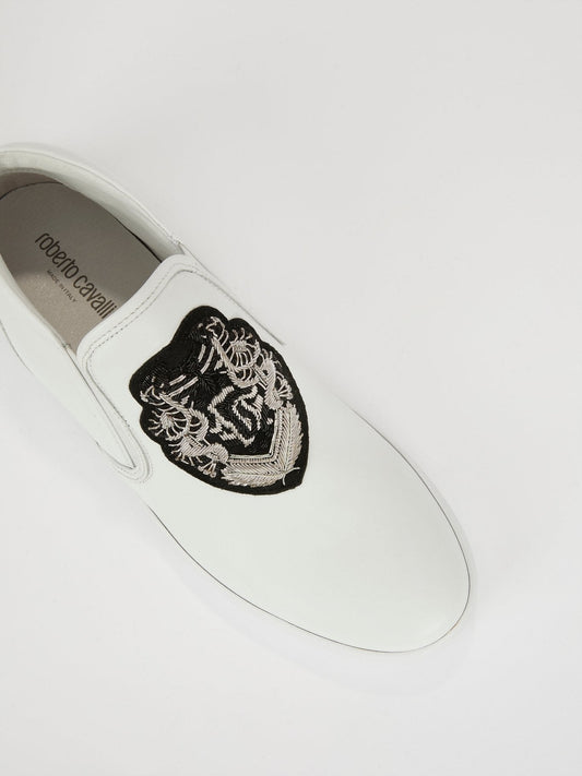 White Monogram Embroidered Leather Sneakers