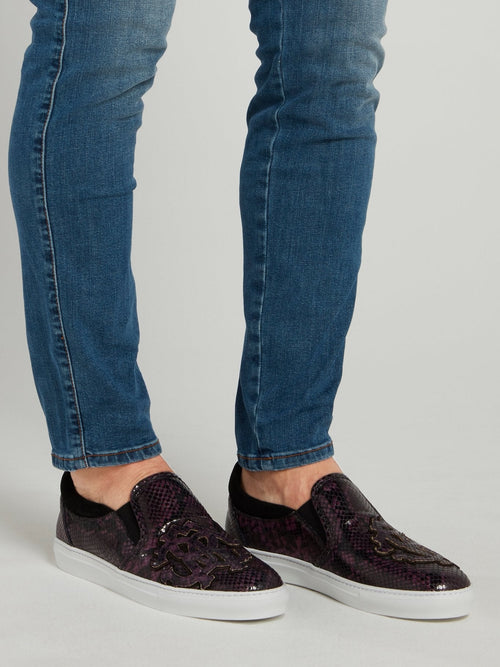 Purple Snake-Effect Slip On Sneakers