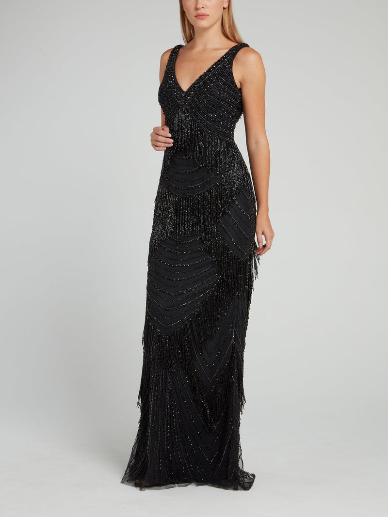 Black Beaded V-Neck Dress