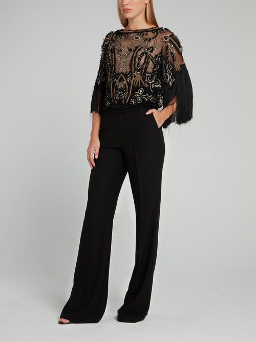 Black Fringe Sleeve Beaded Top