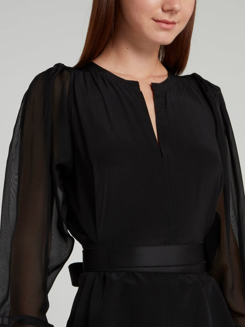 Black Mesh Sleeve Top with Belt