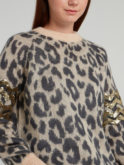 Leopard Print Sequin Panel Pullover