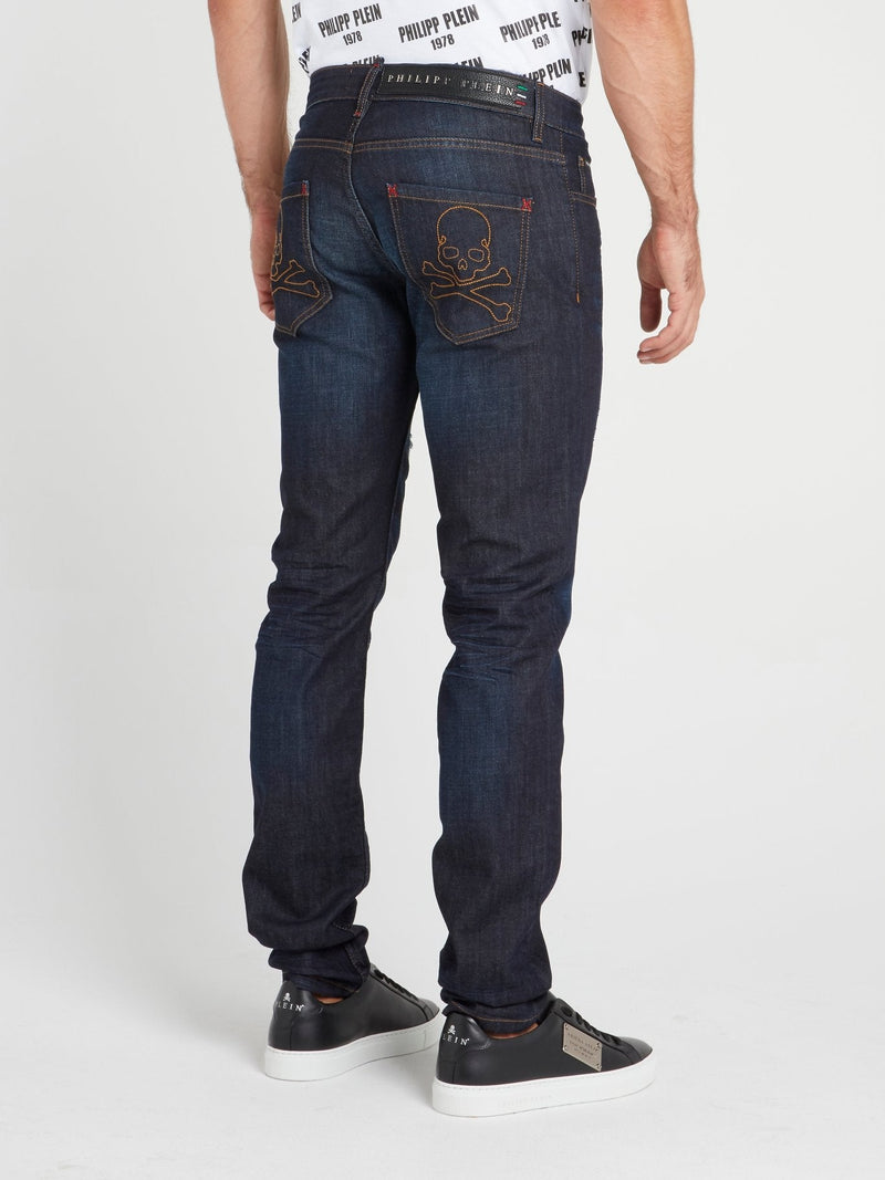 Navy Distressed Slim Fit Trousers