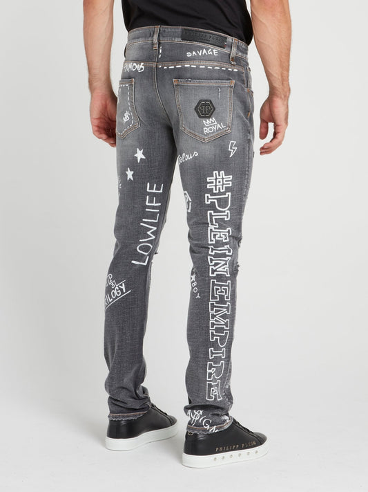 Grey Patched Graffiti Jeans