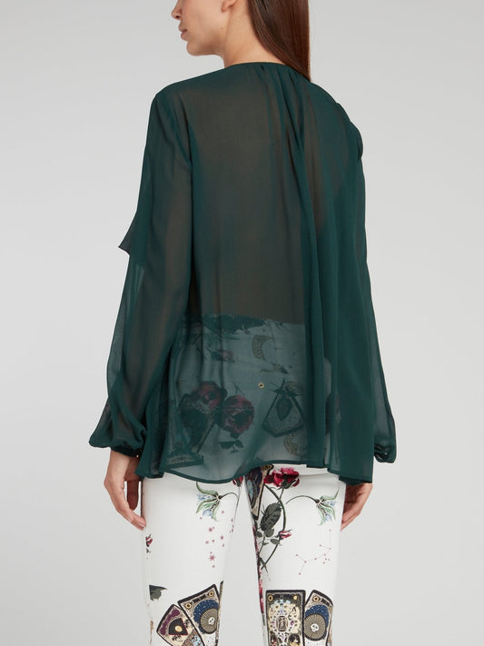 Dark Green Cascade Chiffon Blouse